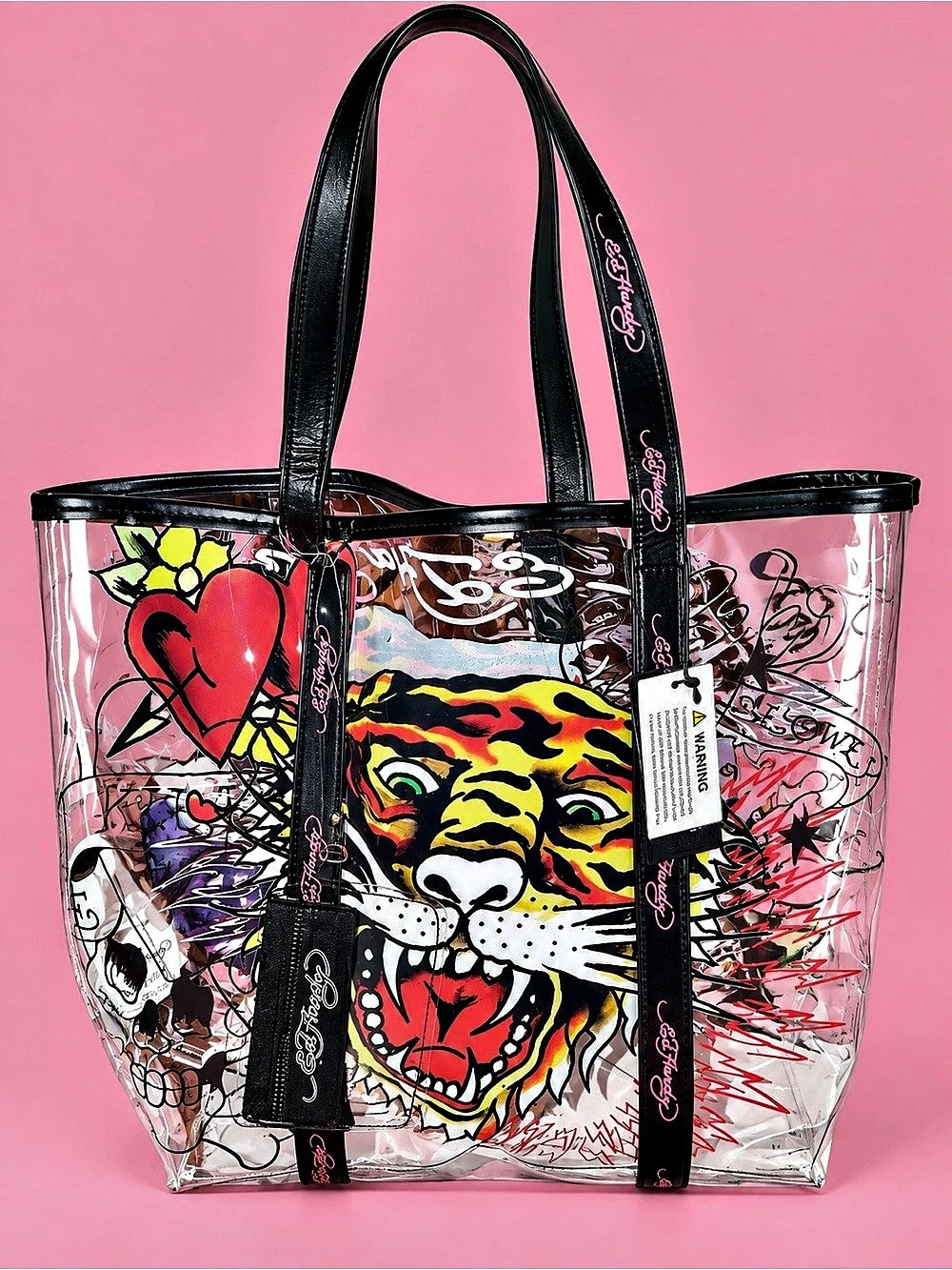 NWT Ed Hardy Clear Tattoo Tiger Skull Tote Bag + Pouch Y2K